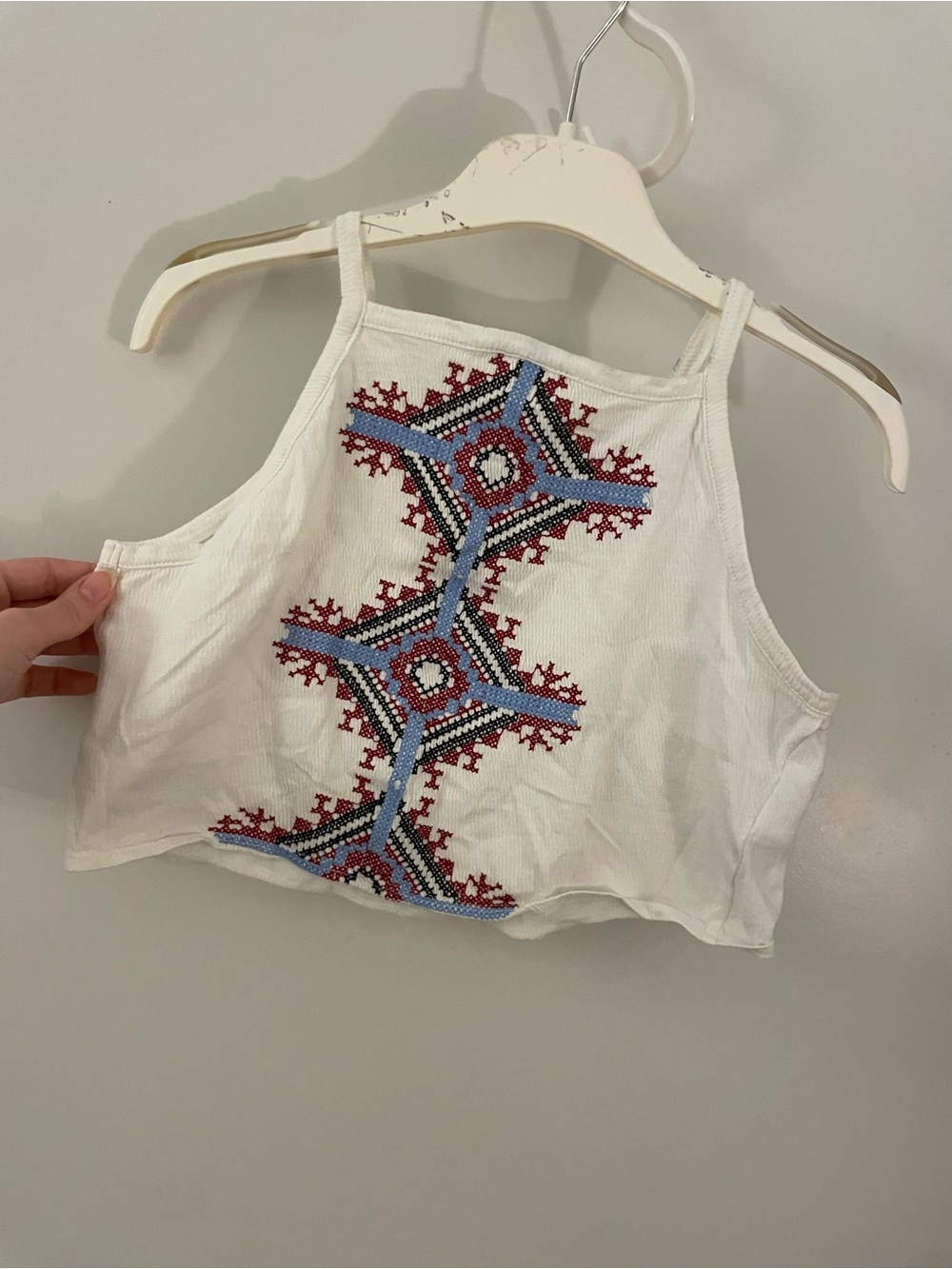 White Embroidered Cropped Tank Top